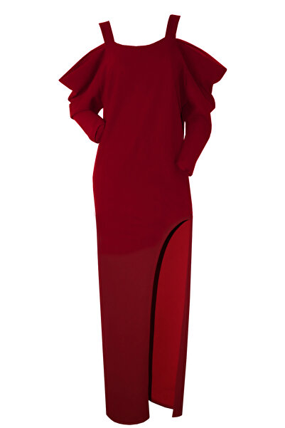 Atelier Anca Socolovschi Rochie dama, rosie, lunga cu crapatura pe picior si umeri cazuti