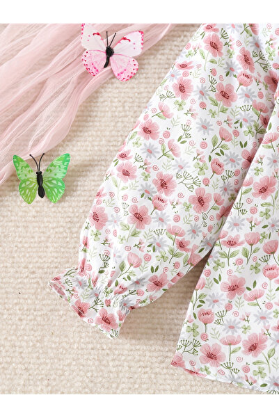 Take Two By Styli Girls Floral Print Cotton Top with Ruffle Collar