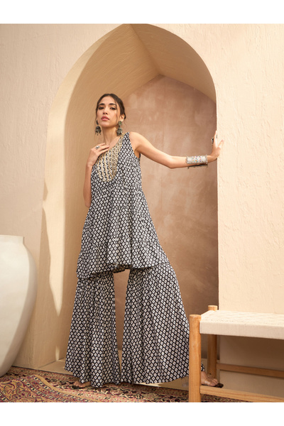 Sassafras By Styli Black Printed Embroidered Kurta and Sharara Pants Set