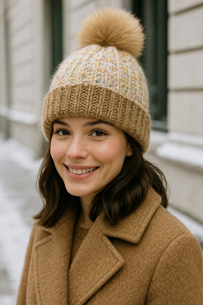 Luminos Butik Women's Camel Pompom Wool Beret Bere1142