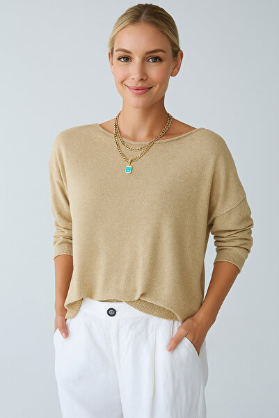 ibeeka Γυναικεία Ρούχα Νέας Σεζόν Μπλούζα με λαιμόκοψη σε χρώμα μπρονζέ με ανοιχτό χρυσό