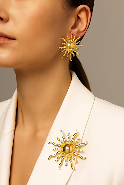 MRK Kadın Flower Güneş Küpe ve Broş Set
