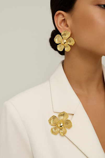 MRK Kadın Papatya Flower Çiçek Küpe ve Broş Set