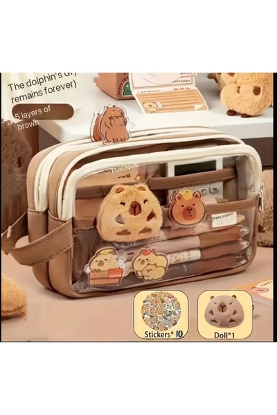 UYGUN ELEKTRONİK Capybara aksesuarlı (10 sticker +1 Doll+1 Anahtarlık) Kalem Kutusu Kapibara kalemlik büyük