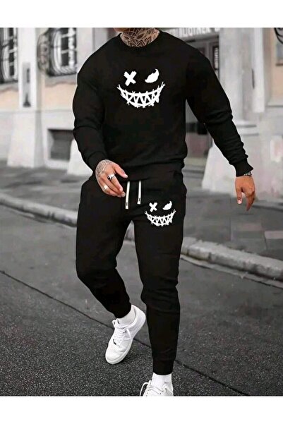 Elvino Σετ χειμερινής φόρμας με 3 κλωστές με στάμπα με χαμογελαστό πρόσωπο, υπερμεγέθη, γυναικεία/ανδρική, unisex