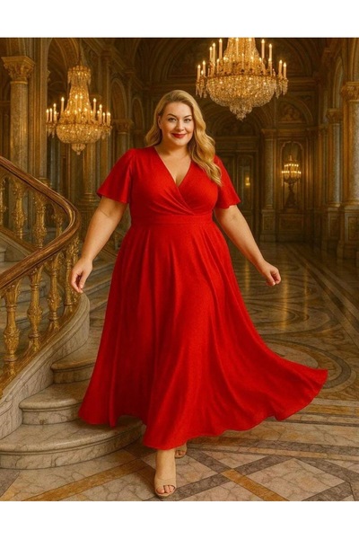 Nsb Tasarım Women's Red Deep V Neck Low-Cut Long Dress