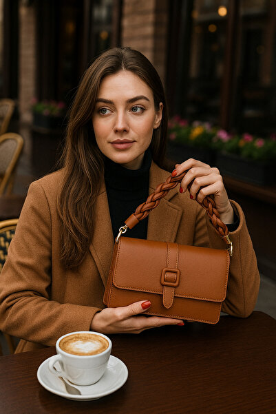 ESTUTE Lüks Örgü Kısa Sap Detaylı 2 Gözlü Çapraz Omuz Çantası