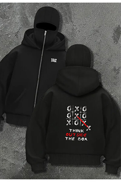 Toum سترة كارديجان بقلنسوة سوداء كبيرة الحجم بتفاصيل قناع من مجموعة توز للجنسين