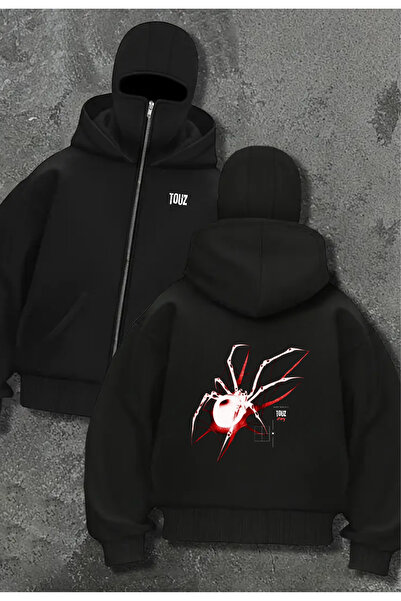 Toum سترة كارديجان بقلنسوة سوداء كبيرة الحجم بتفاصيل قناع من مجموعة توز للجنسين