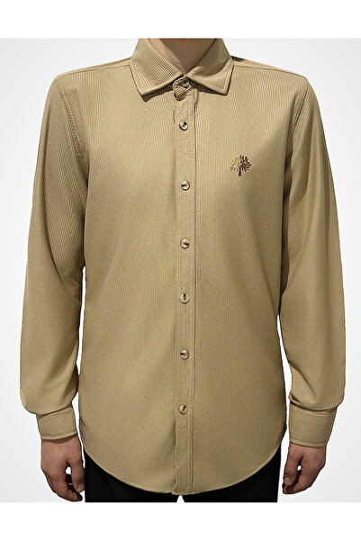 COCOCAN8 Erkek Turuncu Kadife Örme Gömlek Nakışlı Uzun Kol Yumuşak Dokulu Sam...