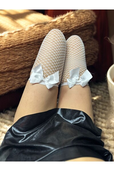 DOSESA Women's Fishnet Bow Detailed Fancy Garter Stockings