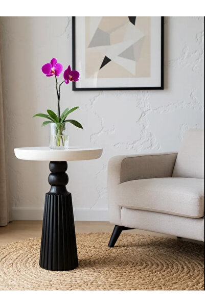 ASELYA HOME Doğal Ahşap Tekli Siyah & Beyaz Renk Mantar Yan Sehpa Modern 50cm...