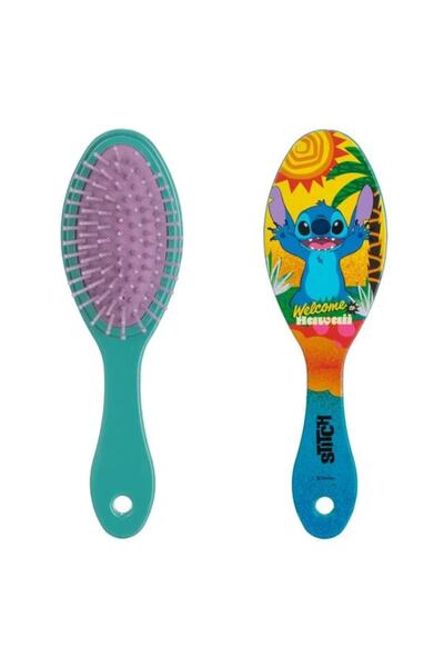 Lilo & Stitch Oval Hair Brush Stitch, Green/Lilac, 18cm, for Kids, 4+ Years, with Colorful 'Welcome to Hawaii' Des
