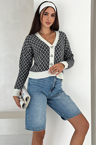 Noa Noa Women's Diamond Pattern Buttoned Cardigan – Unlined & Thick