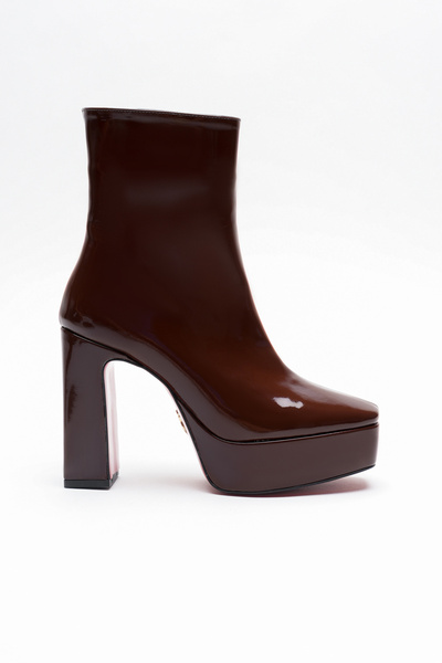Ayakkabı Ateşi Kahve Rugan Platform Tasarım Kadın Çizme Orta Topuklu Ayakkabı Vito