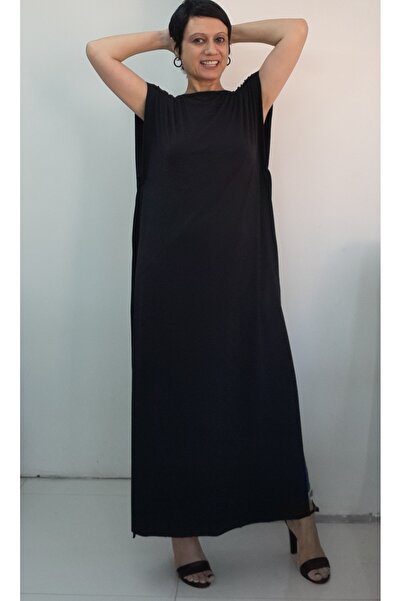 Mertcan Butik Black Multi-Purpose Concealer Boat Neck Lace-Up Combed Viscose Vest with Slits on Both Sides