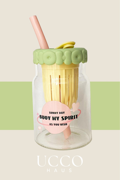 UCCO 550ml Spirit Patterned Glass Detox Flask with Straw - Presentation Cup for Milk, Water, Soft Drinks, Lemonade