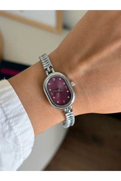 RoseandRoses Nostel Baget Su Yolu Kordon Kadın Kol Saati Gümüş Bordo
