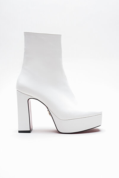 Ayakkabı Ateşi White Patent Leather Platform Design Women's Boots Mid-Heeled Shoes Vito