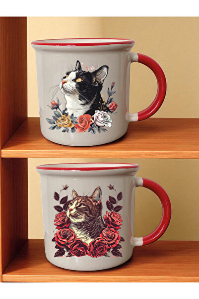 lili hediyelik Floral Cat Printed Red Cup - Teacher's Day Gift, Souvenirs