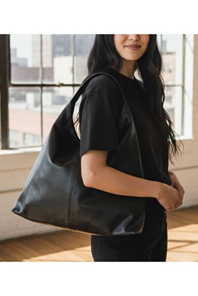 FEMORE Modern Tasarım Siyah Büyük Boy Suni Deri Omuz Çantası