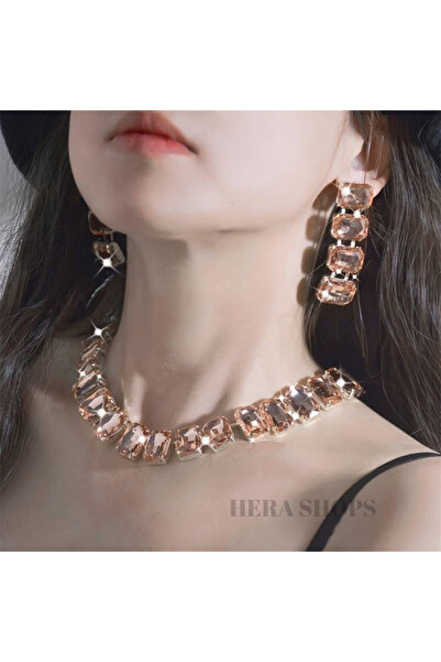 HERA SHOPS Kristal Taşlı Kolye Küpe Seti Hediye Takı Günlük Takı Vip Takı