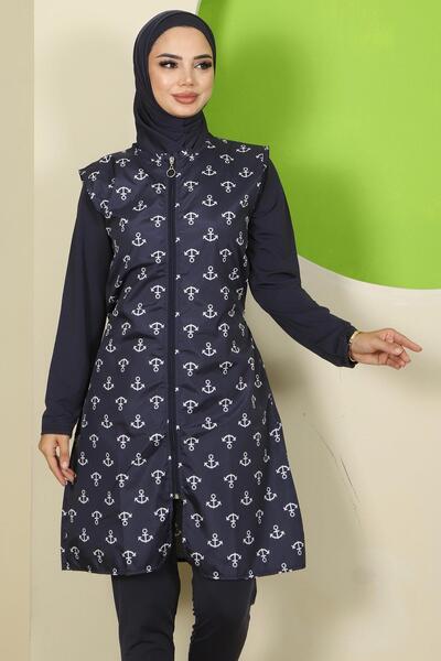 hafsamina Anchor Pattern Vest Full Covered Hijab Swimsuit Navy Blue Hm2809