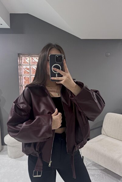 Jaglion Luvren Trend Oversized Bomber Belted Leather Jacket