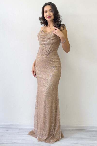 zks grup tekstil Strapless Corset Detail Embroidered Long Evening Dress Gold, Navy Blue, Black, Beige