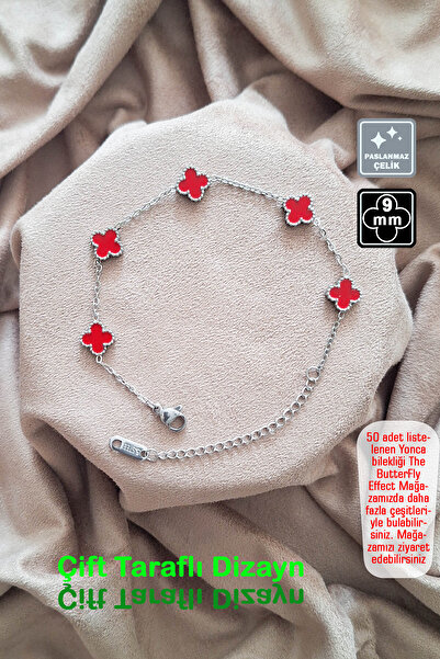 Miss TBee 🍀 سوار فولاذي على شكل ورقة البرسيم الرباعية 🎨   مينيكي أحمر فضي