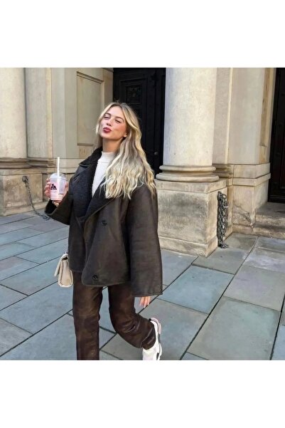 zoezoe Acı Kahve Düğmeli Peluş Lamine Deri Mont