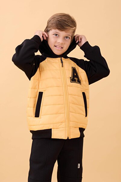 Perendi Boys' Plush-Lined Quilted Hooded College Jacket – Mustard