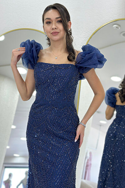 zks grup tekstil Off Shoulder Fish Design Sequin Evening Dress White, Black, Grey, Navy Blue, Lilac