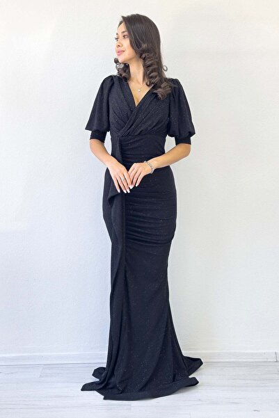 zks grup tekstil Balloon Sleeve Glitter Draped Flounce Detail Mermaid Evening Dress White, Indigo, Burgundy, Navy Blue, Purple, Black