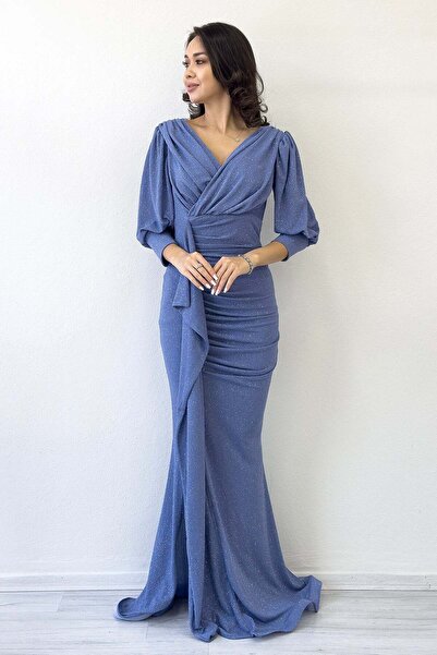 zks grup tekstil Rochie de seară cu mâneci cu balon, cu detaliu de volan, alb, indigo, visiniu, bleumarin, violet, negru