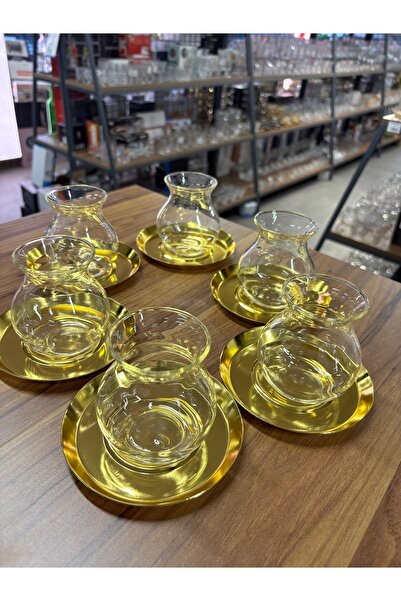 ARS HOME DEKOR Metal Bardak Altlığı,Cam Tiryaki Bardaklı Çay Seti,6 Kişilik12Parça Çay Takımı,Lüks,Metal Çay Tabağı