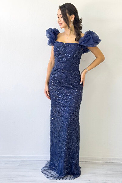 zks grup tekstil Off Shoulder Fish Design Sequin Evening Dress White, Black, Grey, Navy Blue, Lilac