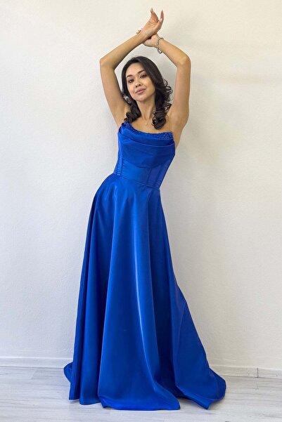 zks grup tekstil Saks Blue Strapless Corset Detail Beaded Backless Evening Dress