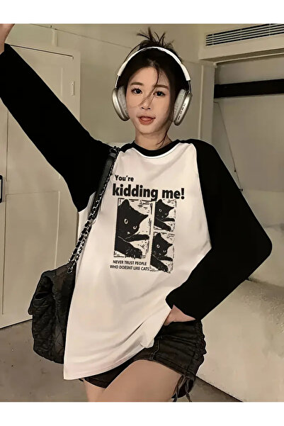 Touz Moda Streetwear Design Raglan Long Sleeve Printed White T-Shirt