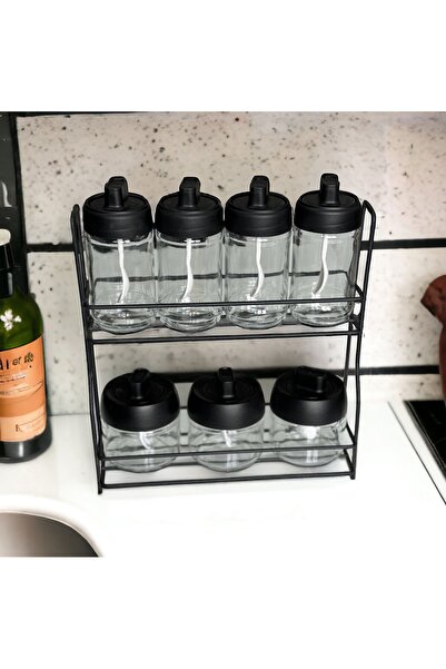 METANOVA Gold 7-Piece Glass Jar and Spice Bowl Set with Metal Stand