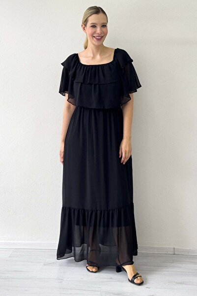 zks grup tekstil Black Carmen Collar Flounce Plus Size Long Chiffon Dress