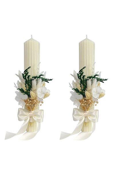 OEM Set 2 lumanari nunta/cununie decorate cu flori criogenate și uscate, H35/D6 cm, Ivory