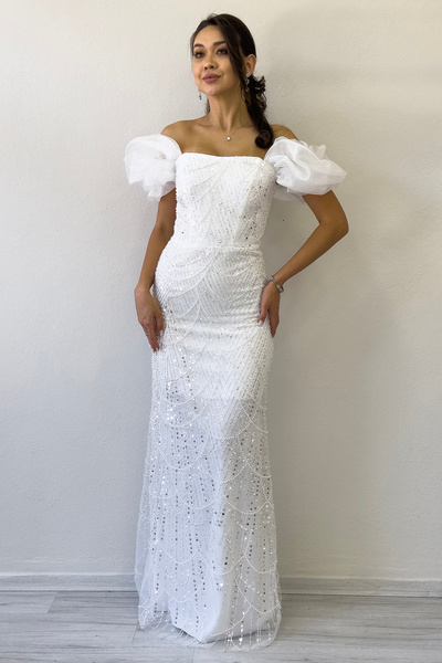 zks grup tekstil Off Shoulder Fish Design Sequin Evening Dress White, Black, Grey, Navy Blue, Lilac