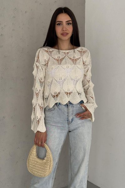 Noa&Noa Pulover tricotat din mohair cu model de frunze pentru femei – Textură moale și tiv festonat