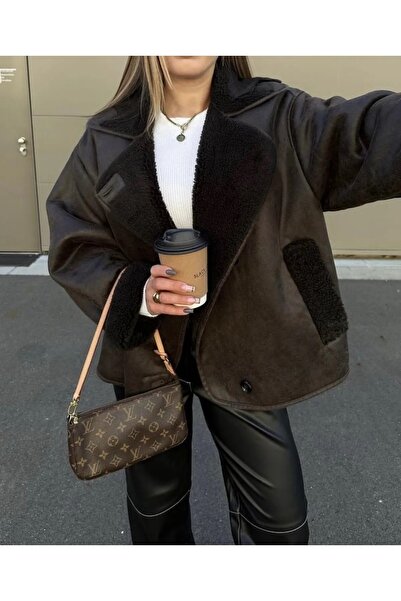 zoezoe Acı Kahve Düğmeli Peluş Lamine Deri Mont