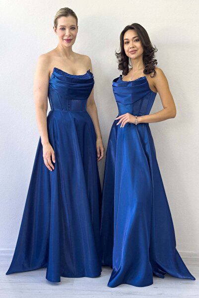 zks grup tekstil Navy Blue Strapless Corset Detail Beaded Backless Evening Dress