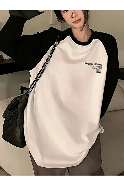 Touz Moda Streetwear Design Raglan Long Sleeve Printed White T-Shirt