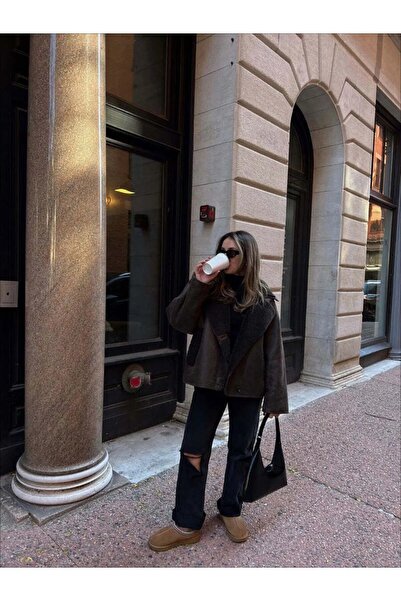 zoezoe Acı Kahve Düğmeli Peluş Lamine Deri Mont