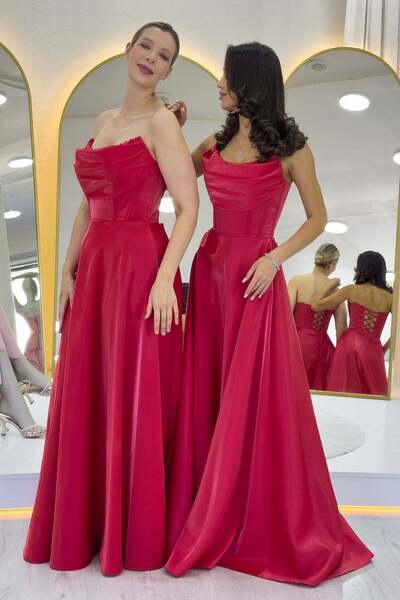 zks grup tekstil Red Strapless Corset Detail Beaded Backless Evening Dress