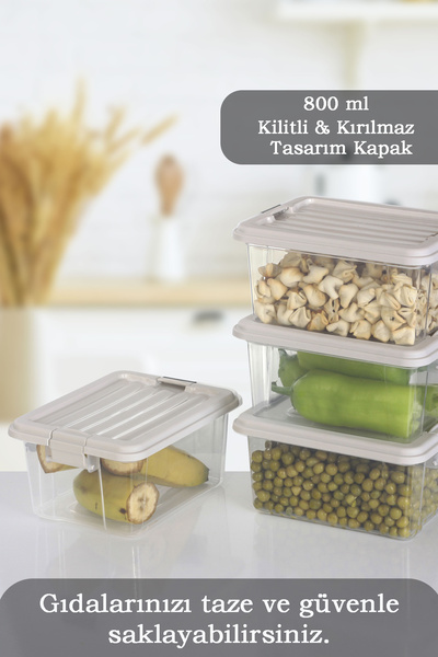 MOİ Set of 4 - 800ml Food Storage Container with Locking Lid - Freezer Refrigerator Organizer Storage Box Beige